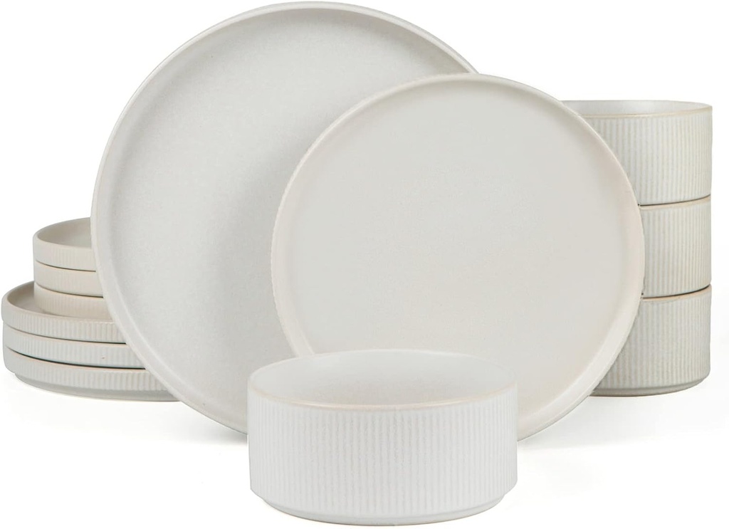 famiware Star Dinnerware Sets, Plates and Bowls Set for 4, 12 Pieces Ribbed Dishes - Chip and Scratch Resistant, Microwave and Dishwasher Safe Tableware, Matte White