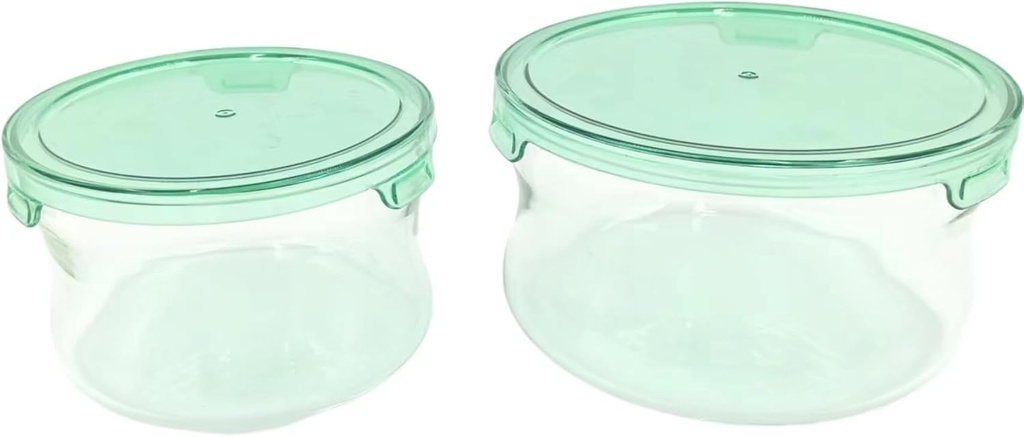 Glass container with lid, 2-piece set, each package contains 1 pieces of 14fl.oz and 1 piece of 27fl.oz, which can be used for overnight food storage., Green