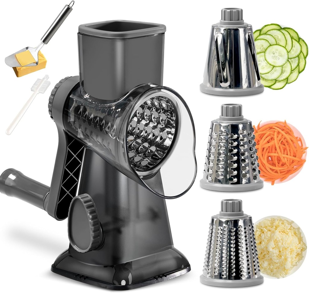 3 in 1 Manual Vegetable Cutter Machine with Stainless Steel Changeable Blades Rotary Cheese Grater Kitchen Tool Potato Slicer Shredder Nuts Chocolate Chopper (Transparent black)
