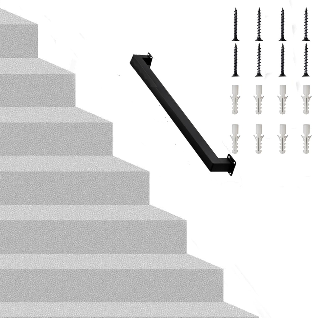 3FT Square Stair Railing Indoor, Black Wall Mount Handrail for Staircase, 440lbs Load Capacity Non-Slip Metal Handrail, Heavy-Duty Carbon Steel Grab Bar for Steps and Porch