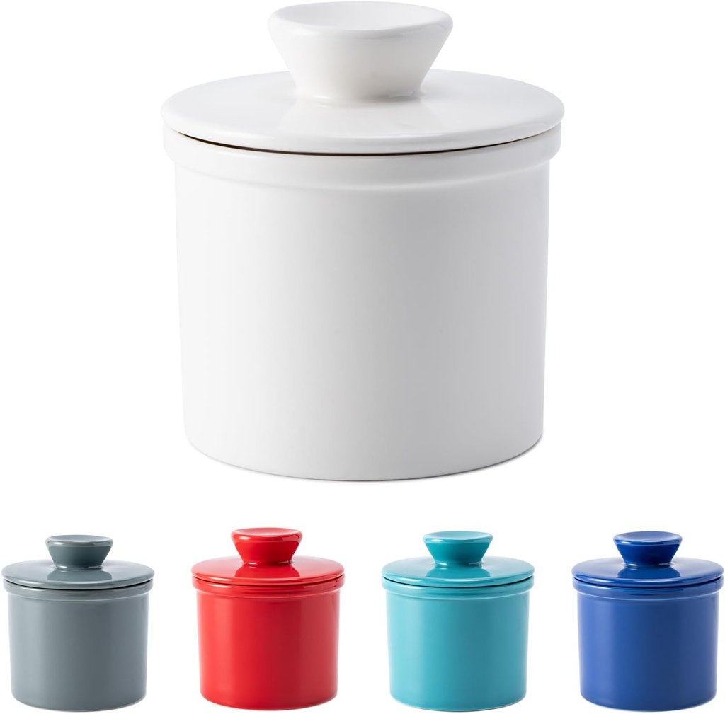 Butter Crock With Water Line for Countertop, French Dish With Lid, Ceramic Keeper for Fresh Spreadable Butter, Container Holder for Kitchen and Home Decor, White