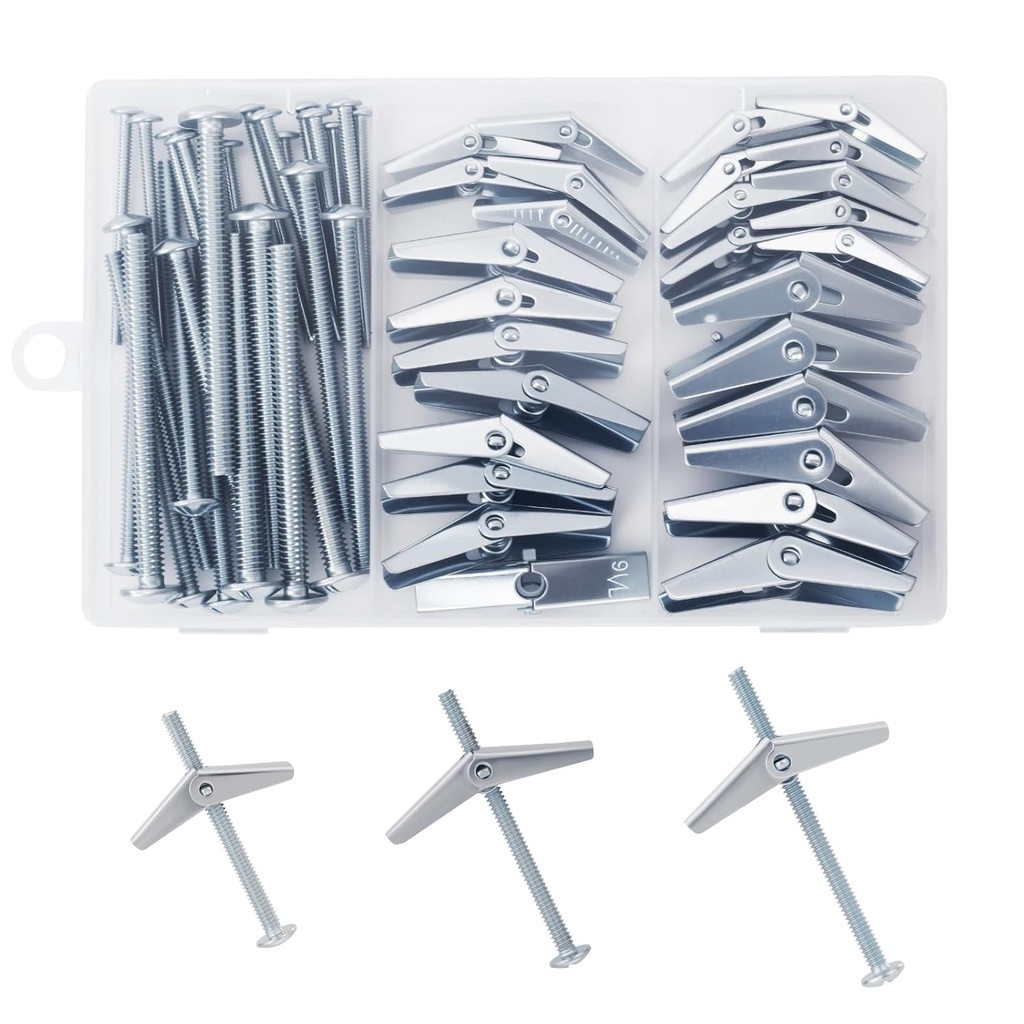 28PCS Toggle Bolts, Wing Nuts, Heavy Duty Hollow Wall Anchors for Drywall Ceiling, 3 Sizes Butterfly Anchors (1/4" 3/16" 1/8") for Hang Shelves, Heavy Fixtures, Metal Drywall Anchor and Screws Kit