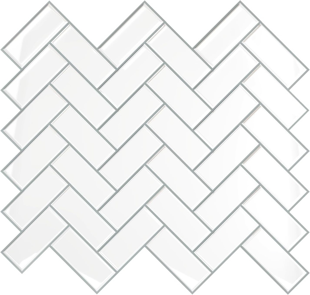 VEELIKE 12-Sheets Herringbone Peel and Stick Tile Backsplash White Peel and Stick Wall Tiles for Bathroom Kitchen Waterproof Self Adhesive Renter Friendly Backsplash Stick on Tile Stickers 12''x12''