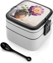 Colorful Flower Bento Box - Double Layer, Leakproof Food Containers with Partition & Spoon, Stackable Lunch Box for Office, Travel, Camping