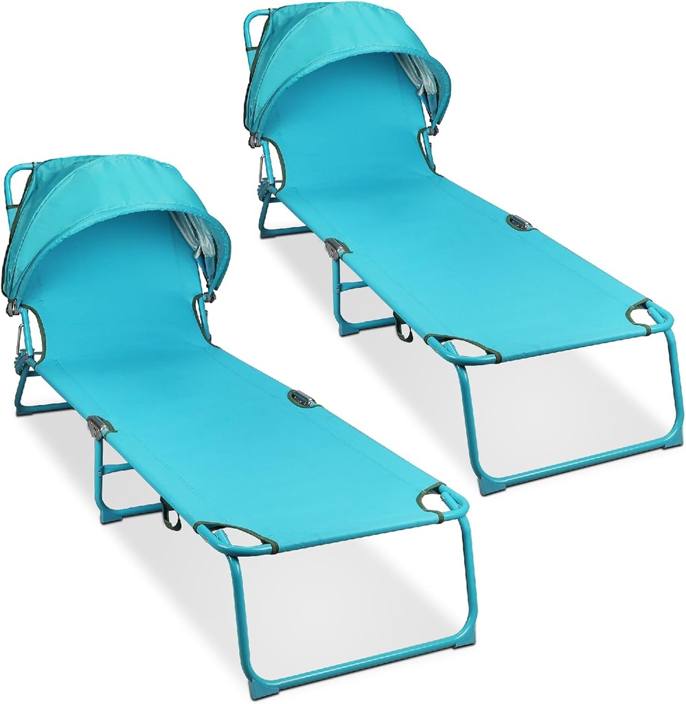 Folding Chaise Lounge Chairs with Canopy Sunshade,2 Pack Adjustable Sun Tanning Chair,Outdoor Heavy-Duty Beach Sunbathing Chair with Reclining Back,for Outside Patio Pool Beach,Blue