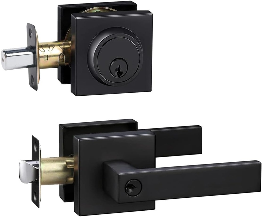 Front Door Lock Set Exterior door lock set,Door Handle With Single Cylinder Deadbolt Lock,Keyed Alike Door Locks For Front Door(Matte Black,1Pack set)