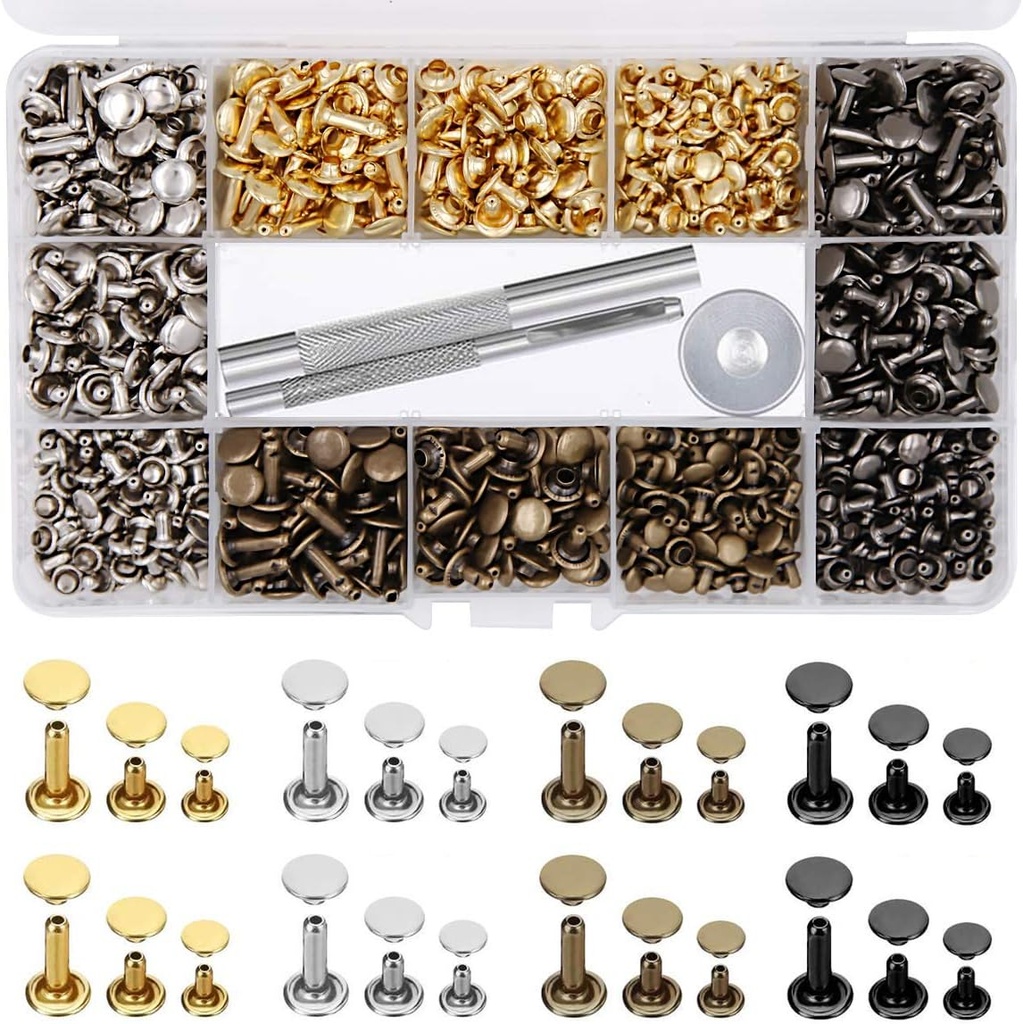 EuTengHao 484Pcs Leather Rivets Double Cap Rivet Tubular Metal Studs 3 Sizes with Punch Pliers and 3Pcs Setting Tool Kit for Leather Craft Repairs Decoration (Gold,Silver,Bronze,Gunmetal, 4 Colors)