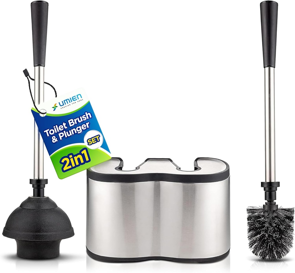 UMIEN Toilet Brush and Plunger Set 18-in - Updated 2025 No-Rust - Stainless Steel Design - Long Handles - with Freestanding Canister