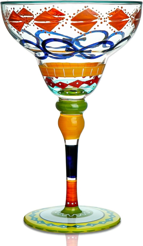 YY Hand Painted Margarita Glass - Moroccan Collection - Hand Painted Glassware by Artists - Unique and Decorative Margarita Glasses, Kitchen Table Décor (Geometric)