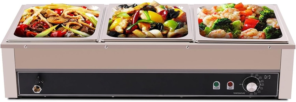 Electric Steam Table Food Warmer 3-Pan 1500W Bain Marie Buffet Warmer Portable Commercial Countertop Steam Table 3X 6.9Qt Stainless Steel Buffet Server and Warmer for Catering, Restaurants