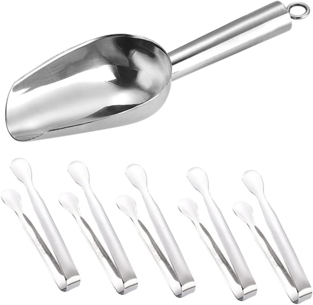 Happyyami 1 Set Stainless Steel Ice Cube Scoop with Tongs Food Shovel and Serving Tongs for Ice Rice Candy Beans and More for Buffets Bbqs and Parties