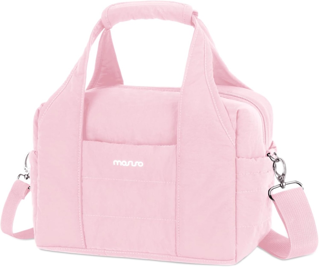 MOSISO Lunch Box, Lunch Box for Women, Soft Quilted Puffer Insulated Lunch Bag, Reusable Leakproof Lager Cooler Lunch Tote Bags with Front Buckle Pocket&Handle&Shoulder Strap for Work, Picnic, Pink