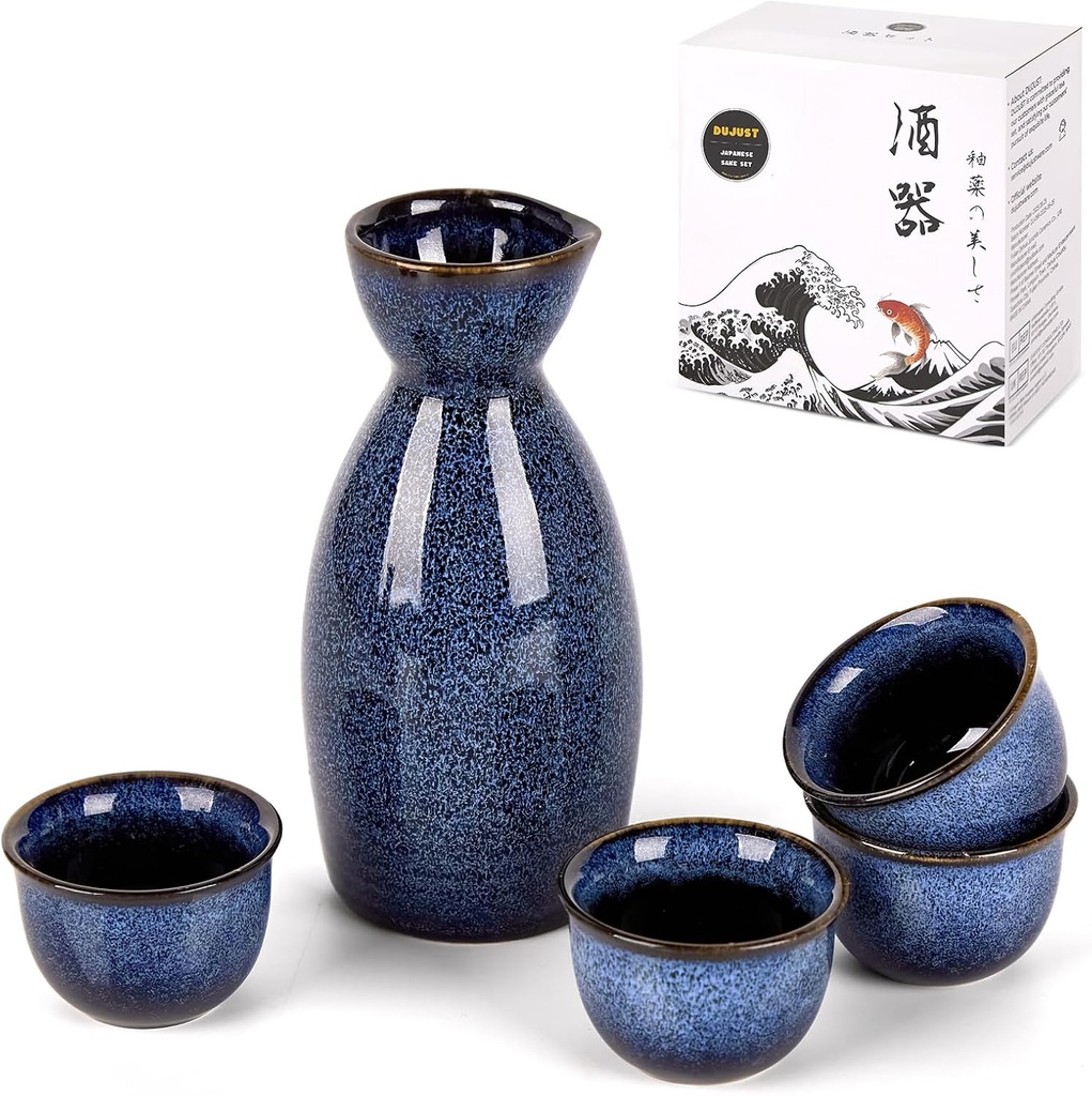 DUJUST 5 pcs Japanese Sake Set, Kiln Altered Glaze Porcelain Sake Set, 1 Bottle, 4 Cups & 1 Gift Box, Warm Carafe, Special Japanese Gift Set - darkblue