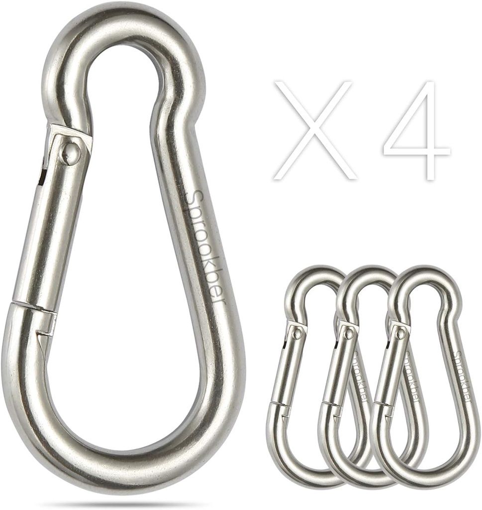 sprookber Stainless Steel Carabiner Spring Snap Hook - 304 Stainless Steel Heavy Duty Clips, Set of 4