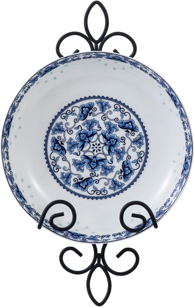 MyGift Small Wall Mounted Metal Wire Vertical Collectible Plate Holder in Matte Black Finish, Decorative Vintage Scrollwork Hanging Rack Holds Single 5.5 to 8 Inch Plates