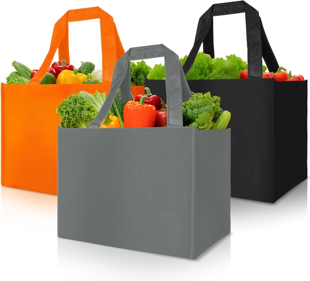 Reusable Grocery Bags Heavy Duty - 3 Pack Foldable Shopping Bag with Handles Large Capacity Canvas Tote Bags for Clothes, Shoes and Camping Picnic (13x9.8inch, Black Grey Orange)