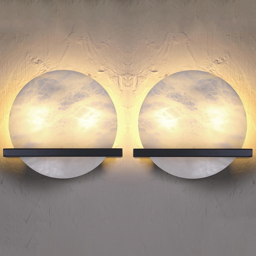 2 Pack 2 Light 10" Round Natural Alabaster Bathroom Wall Sconce Modern Concise Style Wall Light Fixture,Black Finish for Bedroom Hallway Bedside Living Room