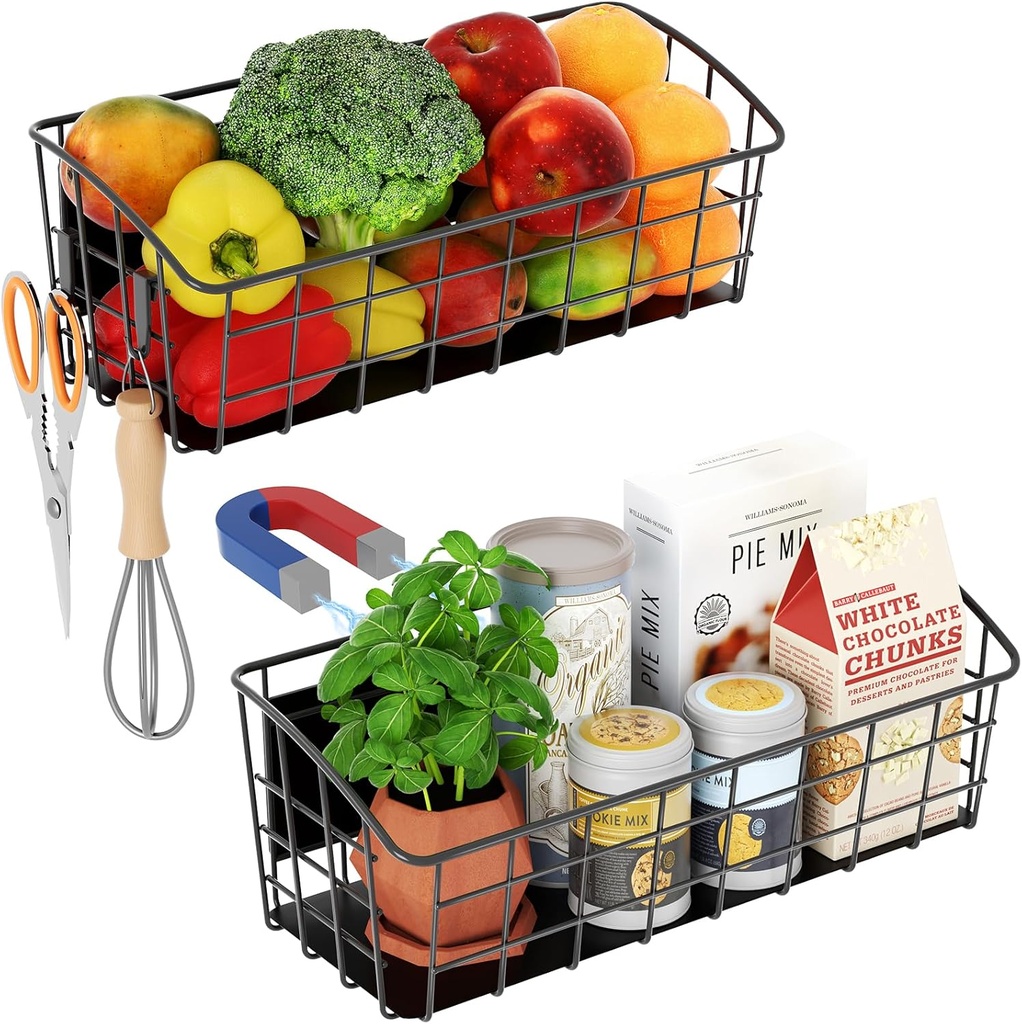 2Pcs Magnetic Shelf for Refrigerator, Versatile Magnetic Basket Fridge with 2 Hooks for Kitchen Storage, Fruit Potato Onion Storage Shelves, Large Magnetic Spice Rack Organizer for Fridge Oven Laundry