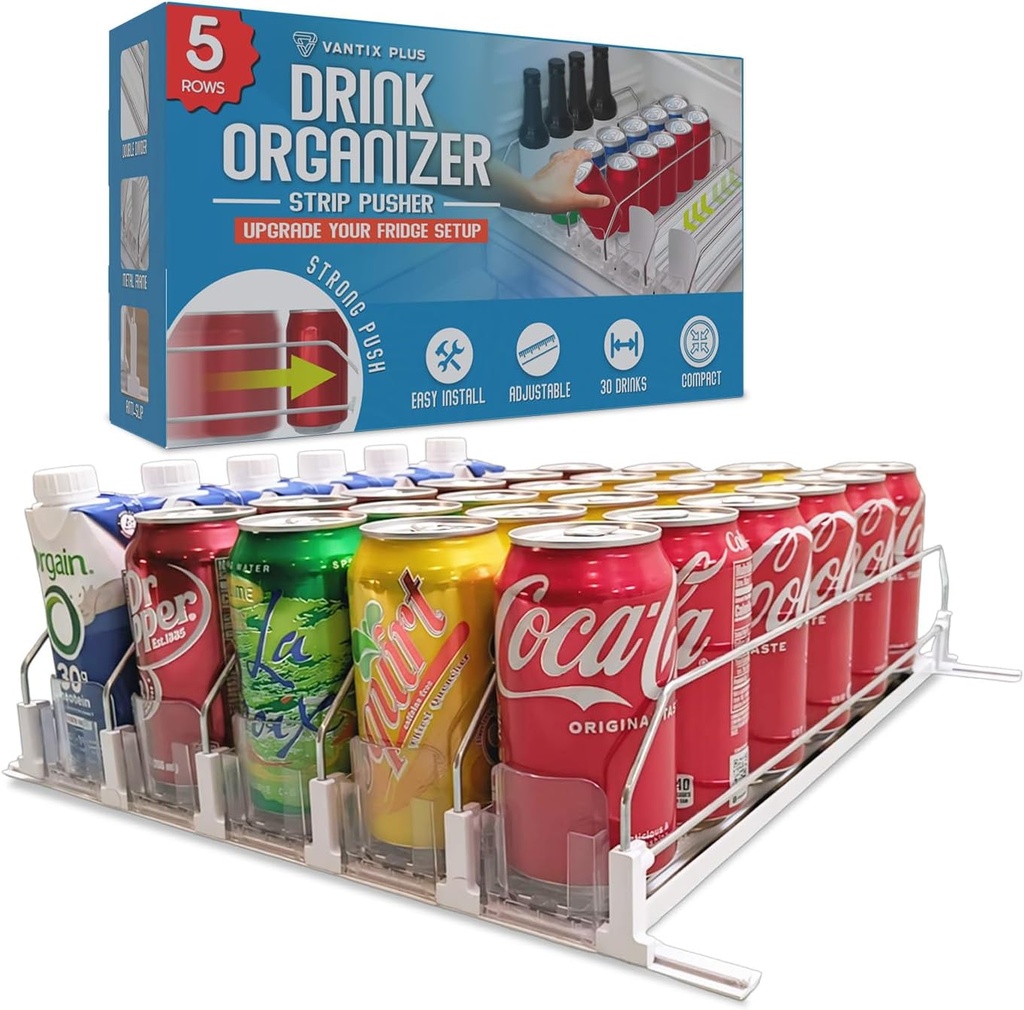 Drink Organizer for Fridge (Holds up to 30 Cans) - Self-Pushing Fridge Drink Organizer with 5 Adjustable Rows - Automatic Soda Can Dispenser for Refrigerator - Fits 12 oz to 20 oz