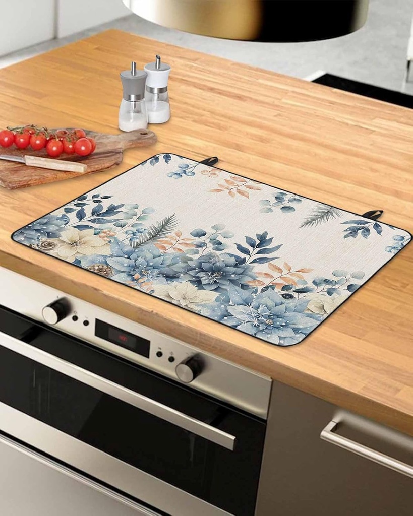 Winter Countertop Burners Protection Mats for Kitchen, Eucalyptus Leaves Christmas Linen Rubber Stove Top Cover Mat, Heat Proof Mats Cooktop Cover for Counter Dish Drying Mat, 31"x24"