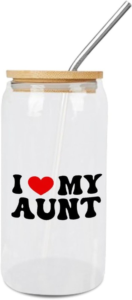 Glass Cups with Bamboo Lids And Straw 16 Oz, I Love Aunt Iced Tea Glasses Drinking Glasses Set Tumbler Glass Can Coffee Cups, Drinking Glassware