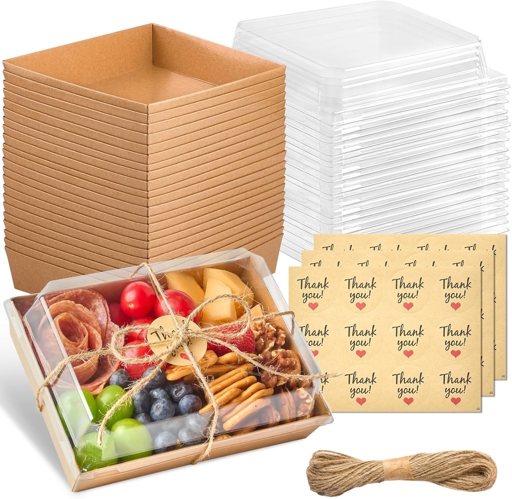 Kucoele 7 x 5 Inches Large Charcuterie Boxes with Clear Lids, 25 Pack Disposable Bakery Dessert Boxes, To Go Food Containers for Pastries, Chocolate Strawberries, Sandwiches, Cookies (Brown)