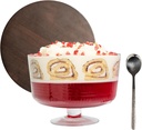 Large Trifle Bowl with Lid (120oz) - Stainless Steel Silver Serving Spoon & Acacia Wood Lid - Trifle Bowl Glass, Glass with Pedestal - Truffle Dish for Layered Desserts, Fruits, Salads, Punch