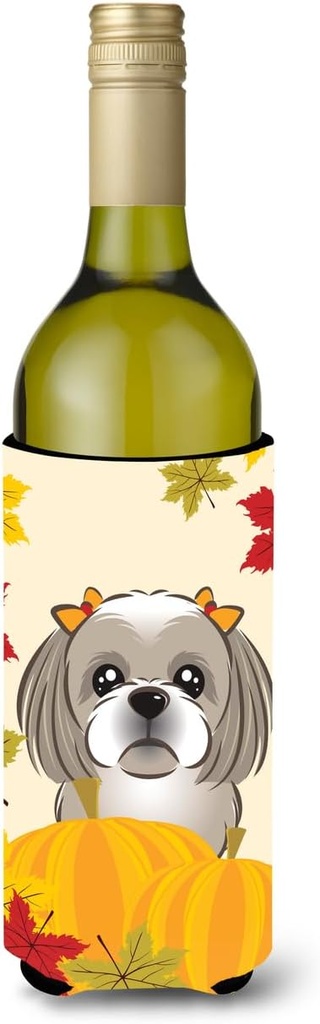 Caroline's Treasures BB2056LITERK Gray Silver Shih Tzu Thanksgiving Wine Bottle Hugger Bottle Cooler Sleeve Hugger Machine Washable Collapsible Insulator Beverage Insulated Holder