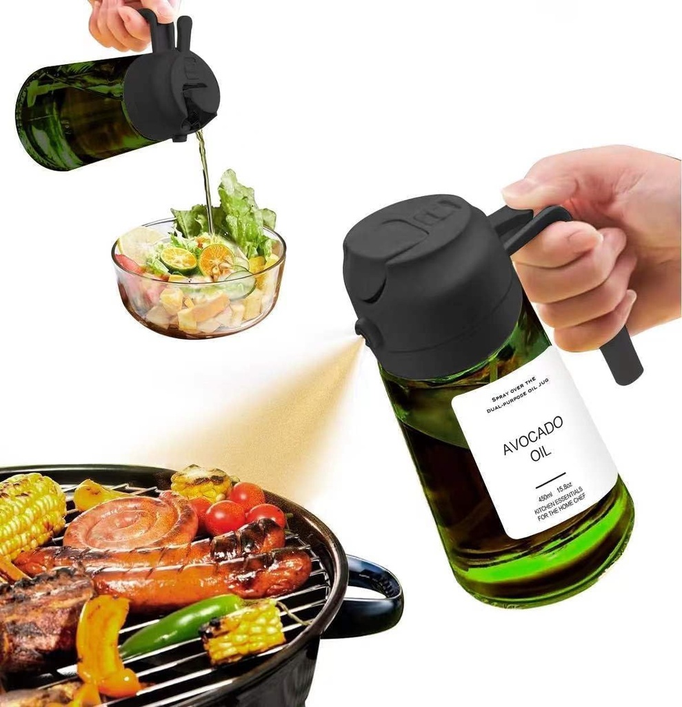 2 in 1 Oil Dispenser Bottle for Cooking - 16oz / 450ml Olive Oil Bottle - Reciprocal 2 way Two in One Olive Oil Dispenser/Oil Sprayer for BBQ, Salad, Upgraded Light-Blocking (Black)
