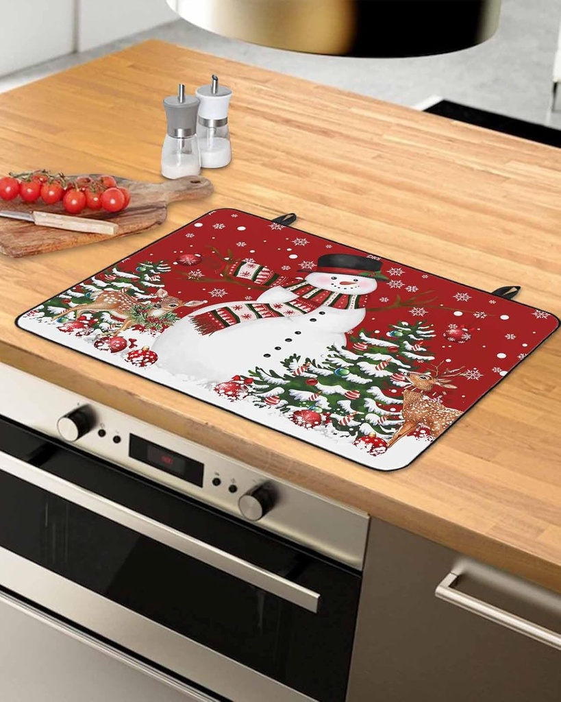 Christmas Countertop Burners Protection Mats for Kitchen, Snowman Christmas Tree Deer Red Rubber Stove Top Cover Mat, Heat Proof Mats Cooktop Cover for Counter Dish Drying Mat, 31"x24"