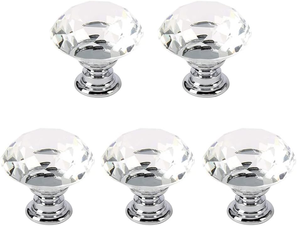 5 Pack Crystal Glass Cabinet Knobs-30mm Diamond Shape Pulls Handles for Drawer Dresser Kitchen Wardrobe Bathroom Cabinet Desk - YL00008 (Clear)