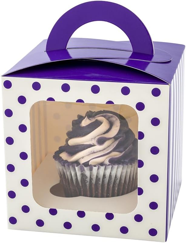 Restaurantware Pastry Tek 4.5 Inch Individual Cupcake Boxes 100 Polka Dots Cupcake Favor Boxes - Fits 1 With Window Purple Paper Cupcake Gift Boxes Built In Handle For Weddings Or Parties