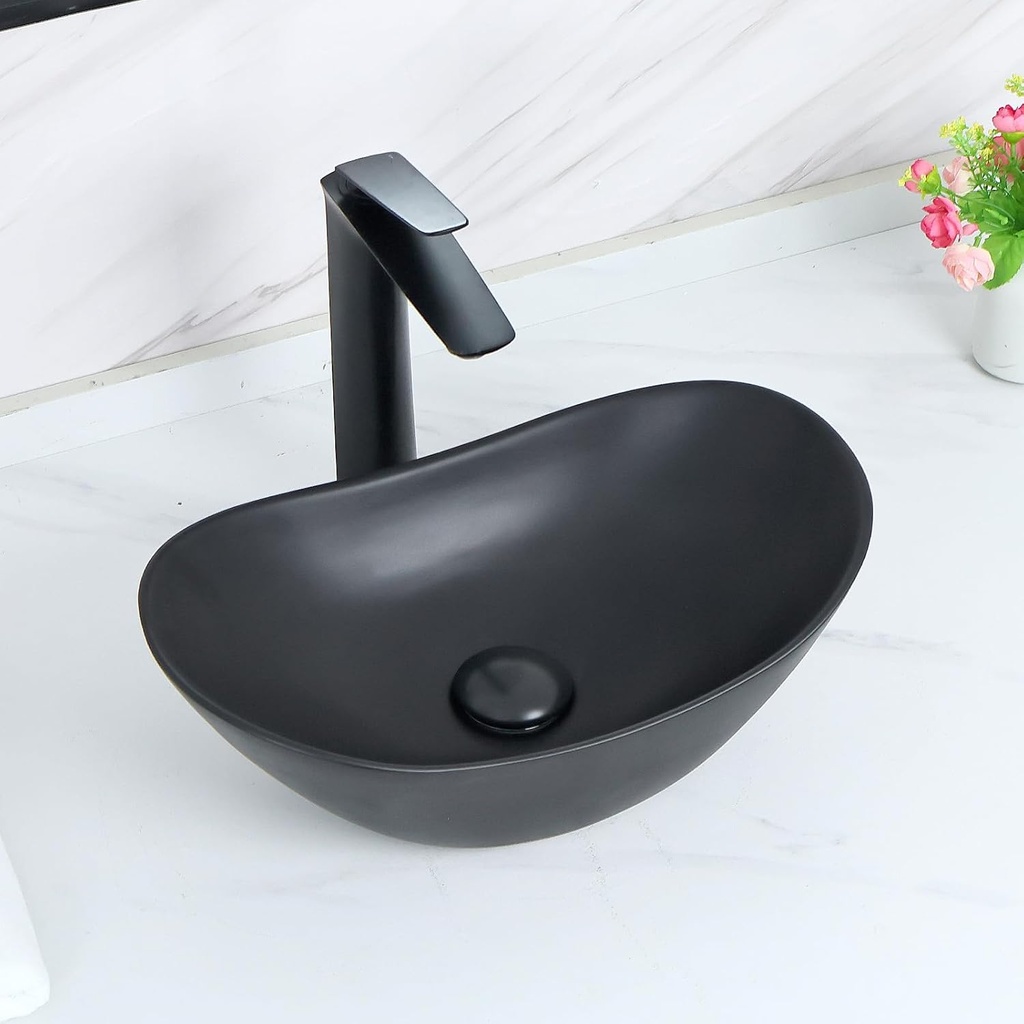 Davivy 16.9"x10.4" Matte Black Oval Vessel Sink with Pop Up Drain,Bathroom Sinks above Counter,Matte Black Ceramic Vessel Sinks,Oval Counter Top Vessel Sinks for Bathrooms