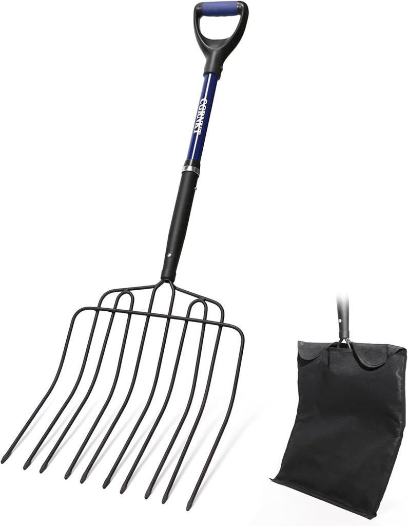 10-Tine Pitch Fork for Gardening, Heavy Duty Manure & Mulch Fork with Fiberglass Handle, Wide Bedding Hay Fork for Compost, Farm, 45 Inch