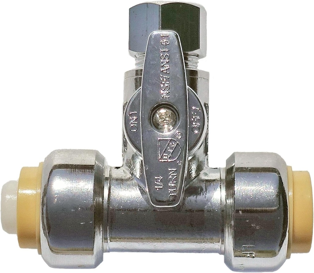 Push On T-STOP Shut Off Valve (1/2" Push x 1/2" Push x 1/4") - Safe for Drinking Water - Kitchen & Bathroom Sink, Refigerator, Dishwasher, Toilet Hookup Valve - 1/4 Turn T-Valve for Copper, PEX, PVC