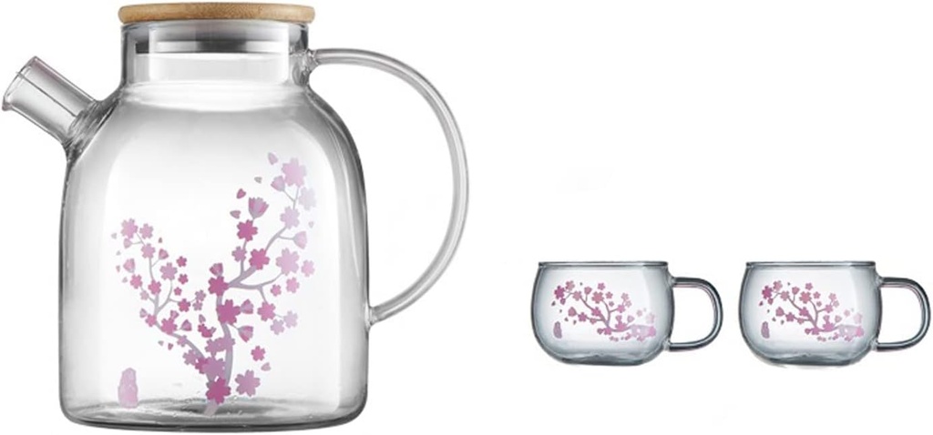Water Carafe Iced Tea Pitcher Glass Cold Water Kettle Set with Cup Household Heat Resistant Tea Set Transparent Cups Pink Teapot Drinkware Comfortable Handle Drink Pitcher Water Jar