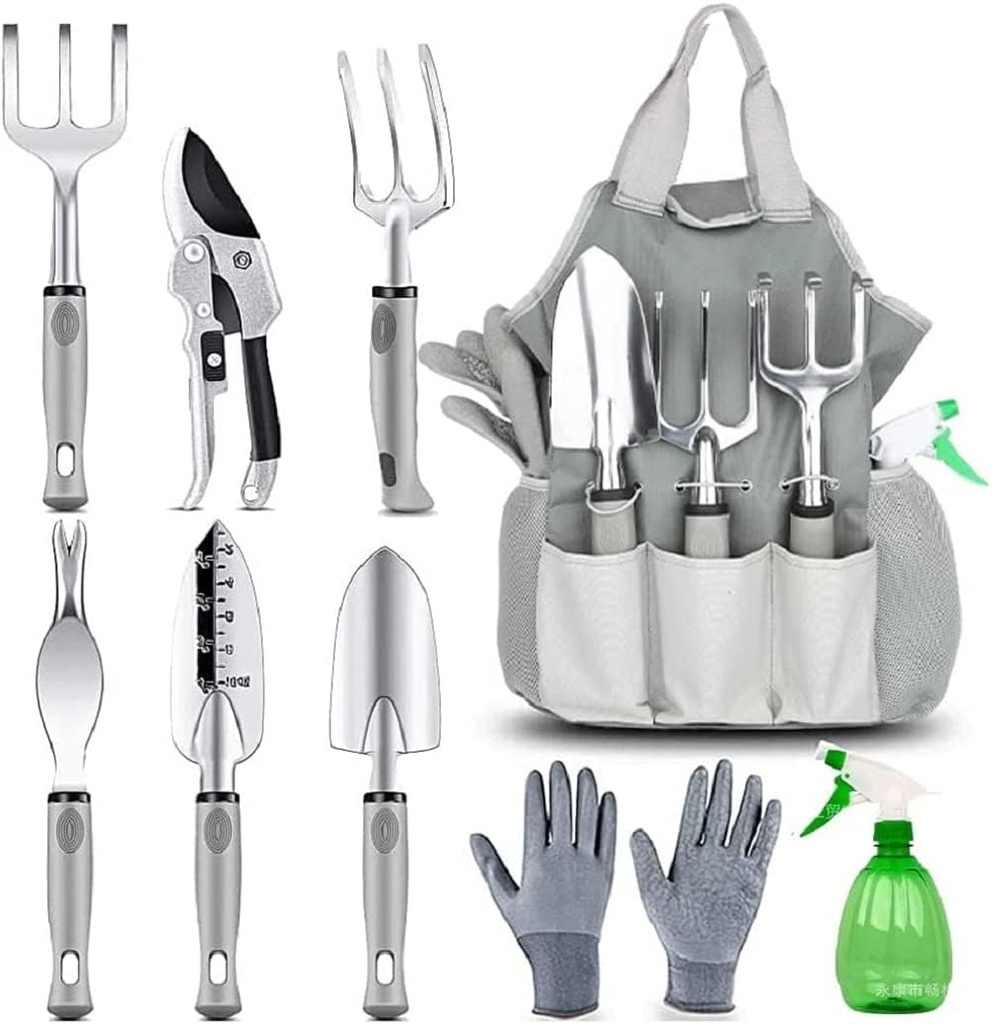 Garden Tools and Watering Set (9-Piece) | Heavy Duty Stainless Steel Hand Tool Kit with Ergonomic Handles, Gardening Gloves, and Tote Bag with Storage Pockets (Silver)