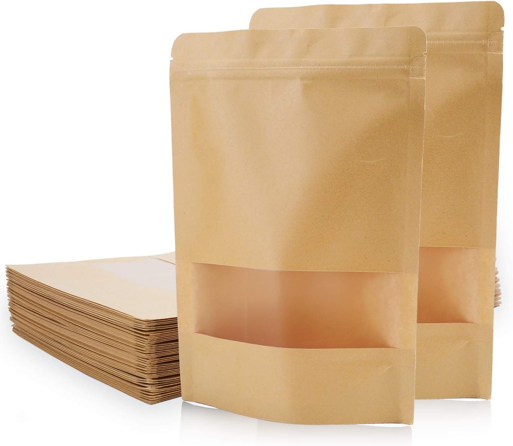Kingrol 100 Count 7 x 10.25 Inch Kraft Paper Bags with Resealable Lock Seal Zipper &Transparent Window, Stand Up Food Bags