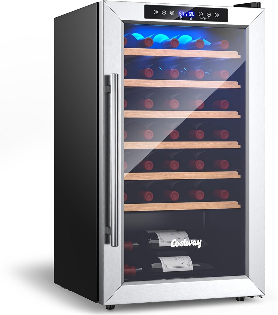COSTWAY 20 Inch Wine Cooler, 33 Bottles Wine Refrigerator with 2-Layer Tempered Glass Door & Dual Alarm Function, 41-64.5°F Temp Control, Built-In or Freestanding Mini Wine Fridge