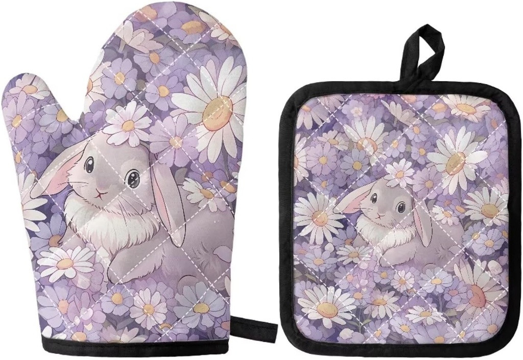 Biyejit Daisy Rabbits 2Pcs Easter Oven Mitts and Pot Holders Set Heat Resistant Hot Pads Machine Washable Microwave Gloves with Hanging Loop Pocket Potholder for Daily Kitchen Baking Cooking Grilling