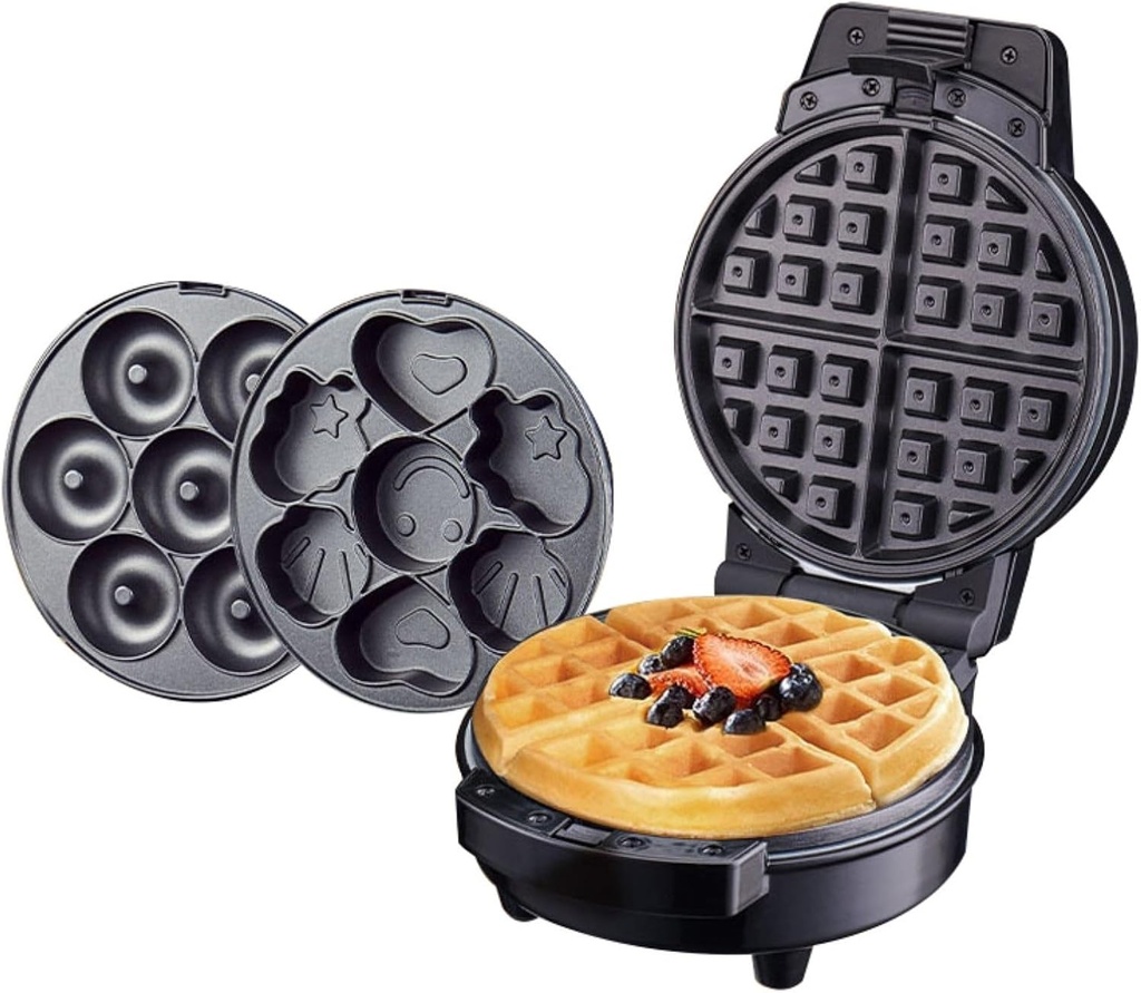 3 in 1 Mini Waffle Maker with Removable Plates,Cartoon Cake Plate,Mini Donut Maker and Small Waffle Maker for Instant Breakfast,Snacks,Dessert (Color : Black, Size : 110V)