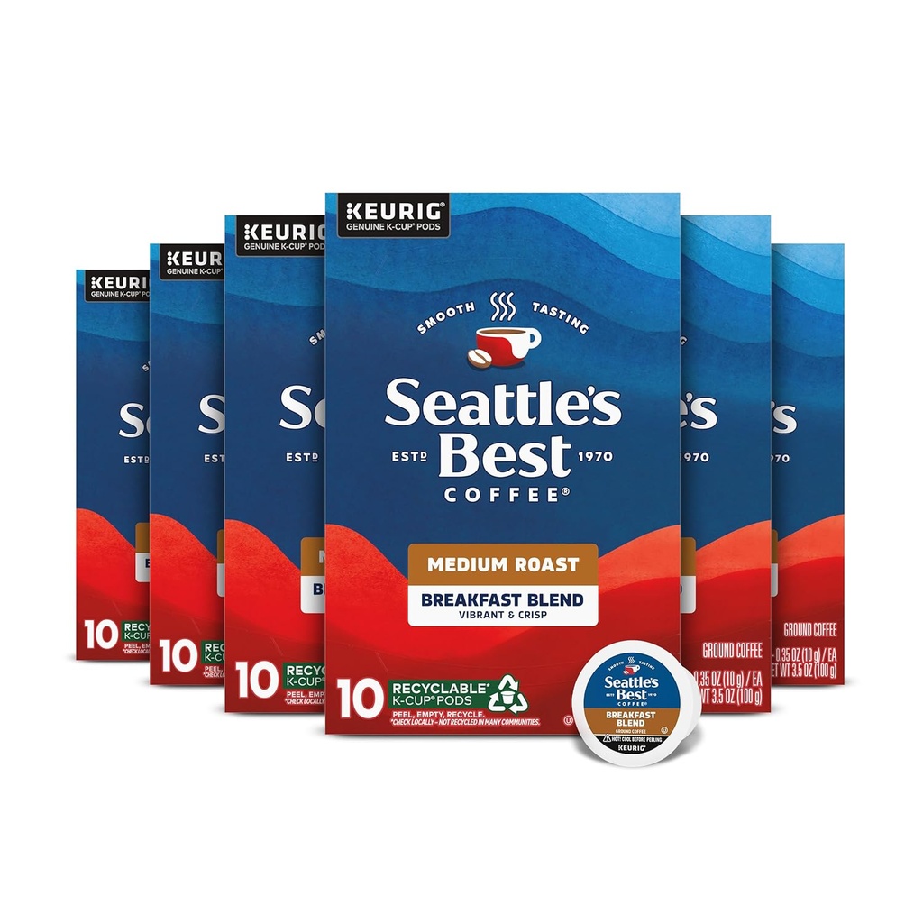 Seattle's Best Coffee Breakfast Blend Medium Roast K-Cup Pods | 6 Boxes of 10 (60 Total Pods)
