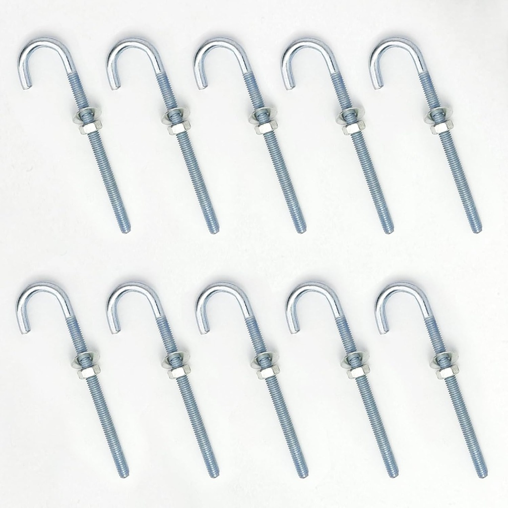 10 Pcs J Bolt in Zinc Plated 1/4" x 4" Hardware for Concrete Pad Pouring Wood Projects，Steel J-Bolt with Nutand Washers (Galvanized Steel)