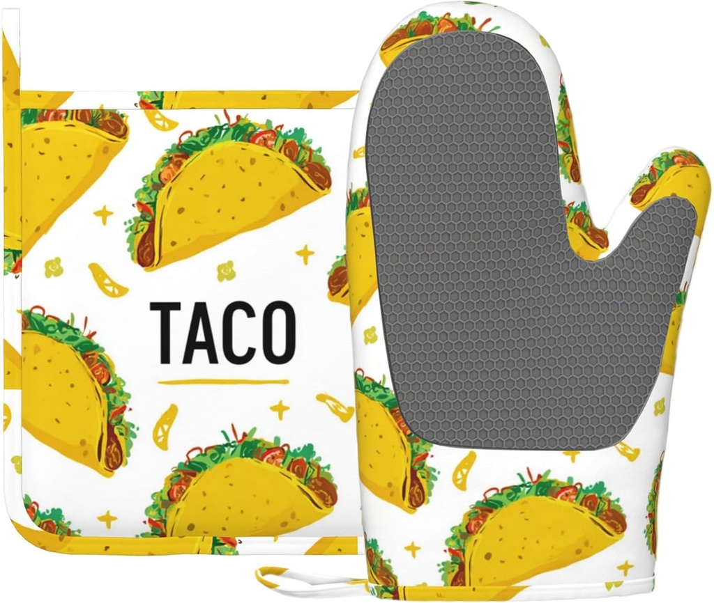 Taco Time Heat-Resistant Oven Mitts and Pot Holder Kitchen Non-Slip Silicone Cooking Microwave Gloves for Cooking Baking Grilling