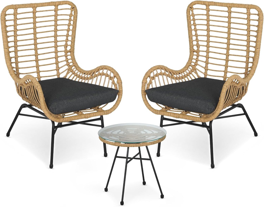 Athena Collection Patio Bistro Sets, 3 Piece All Weather Furniture Set Outdoor Conversation Set Glass Table and Rattan Chairs Set with Soft Cushions for Garden, Poolside, Backyard, Black