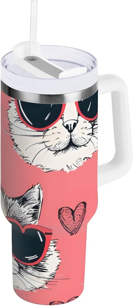 30 oz Cat Sunglasses Pink Insulated Tumbler with Handle, Stainless Steel Vacuum Water Bottles with Lid and Straw for Water, Iced Tea or Coffee