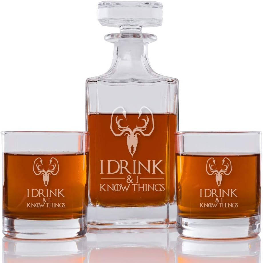 I Drink & I Know Things (Greyjoy) Engraved Decanter and Rocks Glasses, Set of 3