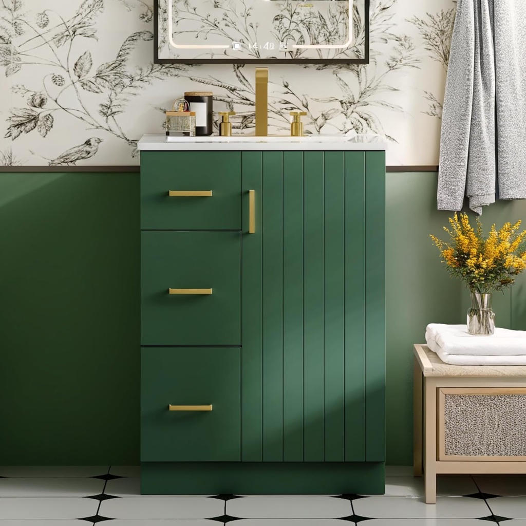 Merax Modern Linear 24" Bathroom Vanity with Sink, Powder Room Small Bathroom Vanity with Storage Cabinet and 2 Drawers, Adjustable Shelf, Ceramic Sink Top, Painted Finish