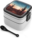 Adult Double-Layer Bento Box Desert With Cactus Portable Lunch Box with Spoon And Invisible Handle Leakproof Microwave-Safe Food Container for Work Travel Camping