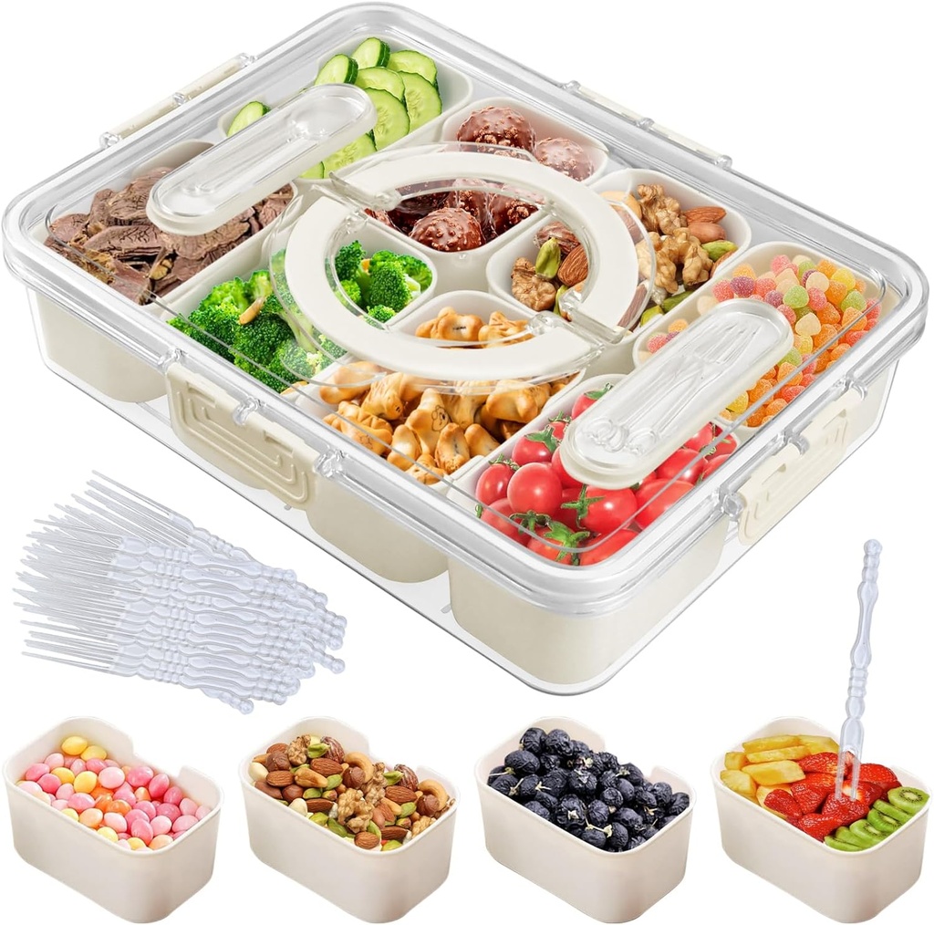 Snackle Box Container, Container with 50Pcs Clear Plastic Forks, Divided Serving Tray with Lid and Handle, Snack Tackle Box, Portable Snack Platters - Clear Organizer for Fruit&Veggie Party Travel
